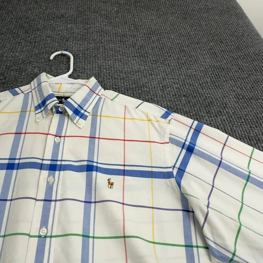 Ralph Lauren Button Down Shirt Mens 16.5‎ White Cotton Plaid Classic Preppy